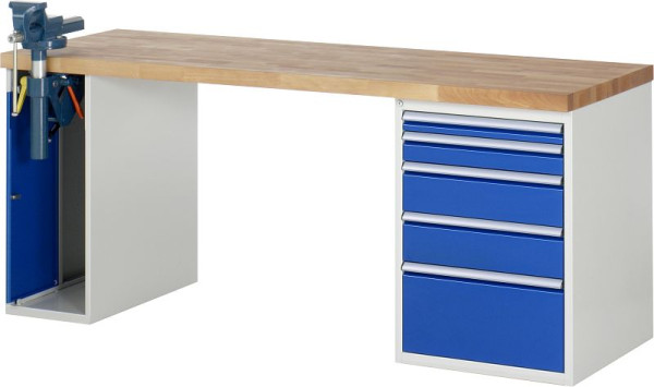 RAU werkbank serie 7000 - modulair ontwerp, 5 x laden, 1 x bankschroefkast, 2000x840x700 mm, 03-7511A2-207B4S.11