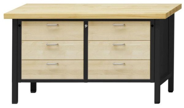 ANKE kastwerkbank; 1500x700 mm; RAL 7016 / natuurlijk gewaxt beuken; Beuk massieve plaat; Links 3 laden 180 mm; Rechts 3 laden 180 mm