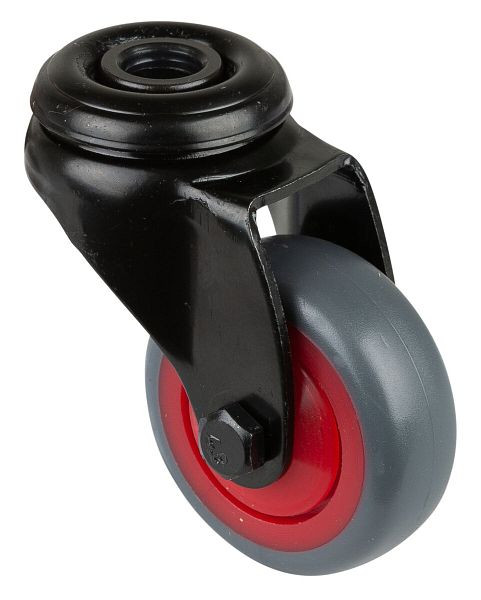 BS Wielen Zwart zwenkwiel, grijs thermoplastisch rubberen wiel, rode velg, kogellager, achtergat, diameter: 50 mm, VE 8 stuks, A801.A85.050.03