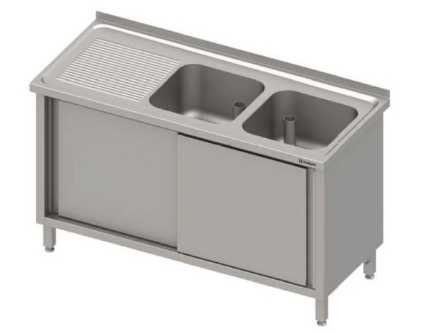Stalgast spoelbakkast met schuifdeuren 1300x700x850 mm, met twee schalen links, met opstaande rand, gelast, VSK13723LA