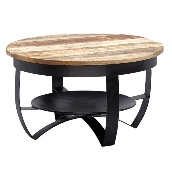 Wohnling salontafel 60x34x60 cm mango massief hout / metaal industrieel zwart rond, salontafel woonkamertafel massief, WL6.327