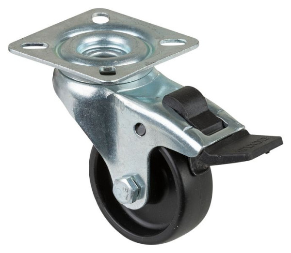 BS rollen apparaatrol, plaat, rem, breedte 18 mm, Ø50 mm, tot 50 kg, loopvlak zwart kunststof, glijlager, VE 8 stuks, A320.A90.050