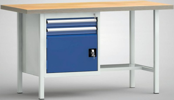 KLW standaard werkbank, 1500 x 700 x 840 mm, met beuken multiplex blad, plaatstalen legbord 300 mm diep, WS118N-1500M40-E1691