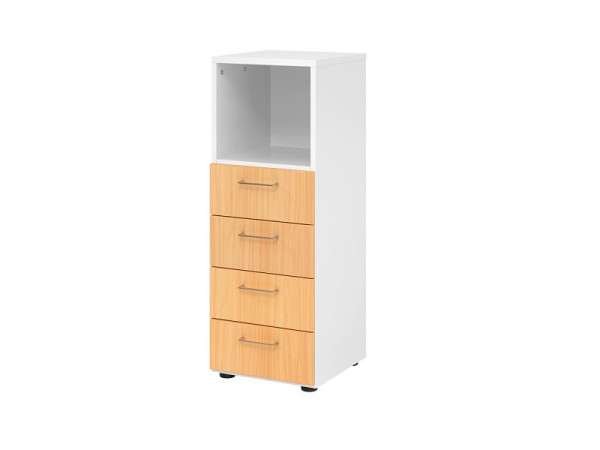 Hammerbacher ladekast 3OH, 4 laden, BS wit/beuken, 40 x 41,7 x 110 cm, 4 laden, metalen handgreep, V934S4/W/6/BS