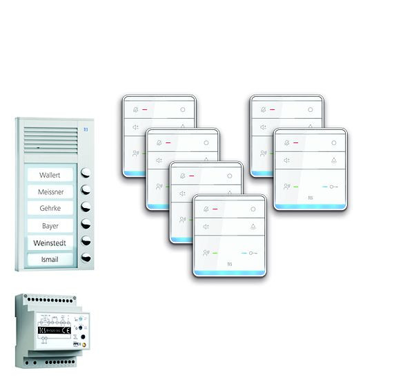 TCS deurbediening audio: pack AP voor 6 woonunits, met buitenstation PAK 6 belknoppen, 6x handsfree luidspreker ISW5010, bedieningsunit BVS20, PPAF06-EN / 01