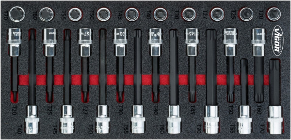 VIGOR TORX® schroevendraaierbitset, hol vierkant 12,5 mm (1/2 inch), binnen TORX® profiel, T20 - T70, aantal gereedschappen: 26, V5095
