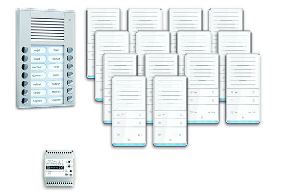 TCS deurbediening audio: pack AP voor 14 woonunits, met buitenstation PES 14 belknoppen, 14x handsfree luidspreker ISW5031, bedieningsunit BVS20, PAAF142 / 001