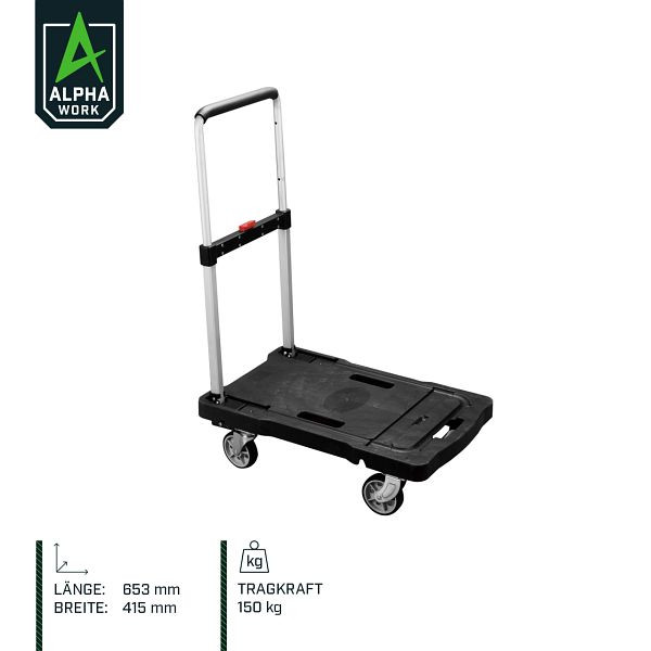 Alpha Work vouwbarwagen, kunststof platform 653x415 mm, 2 zwenkwielen, 2 bokwielen, 150 kg draagvermogen, 05903