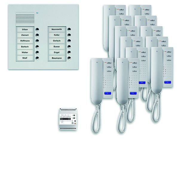 TCS deurbedieningssysteem audio: pack UP voor 12 wooneenheden, met buitenstation PUK 12 belknoppen 2 kolommen, 12x deurtelefoon ISH3030, bediening, PPU12 / 2-EN / 02