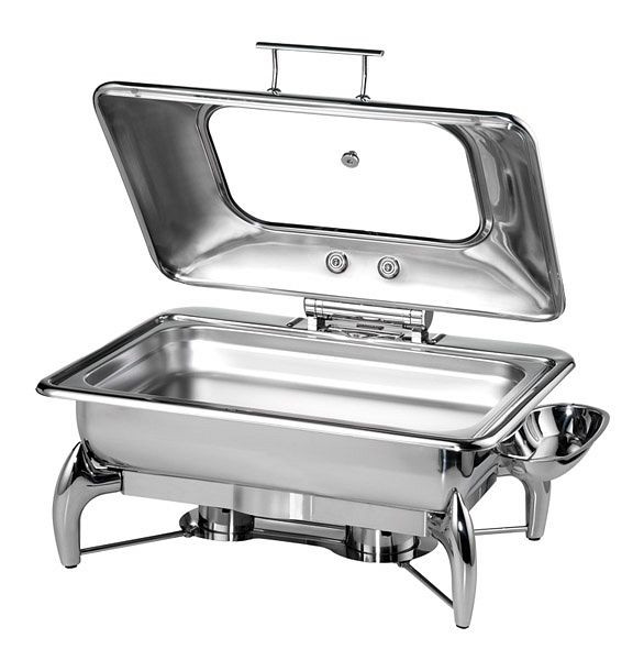 APS Chafing Dish -GLOBE- GN 1/1, 66,5 x 44 cm, hoogte: 34 cm, 9 l, roestvrij staal, afneembaar, deksel met glazen inzetstuk, met sandwichbodem, 12404