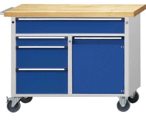 ANKE werkplaatswagen; 1140x650x970mm; Massief beuken blad 40 mm; 3-delige behuizing; boven met doorlopende lade 150 mm; Links 3 laden, 460.205