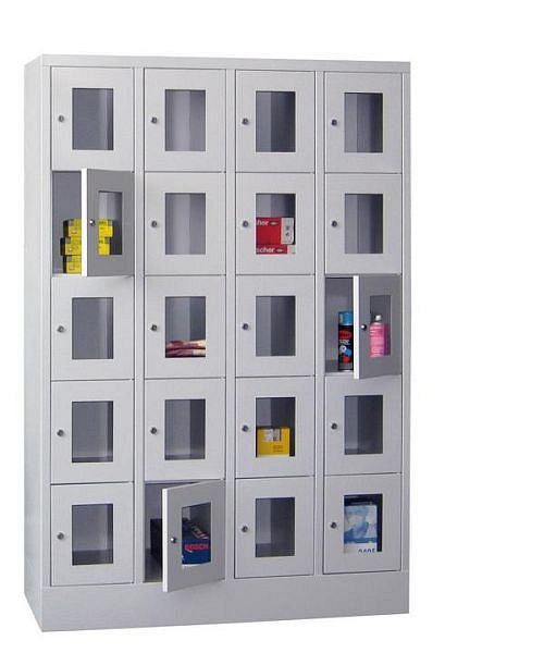 Pavoy Schließfachschrank mit Sockel 1850/500/1200, 4b x 5h, Zylinderschloss, Abteilbreite 300, Sichtfenster, 61213-453-091-910