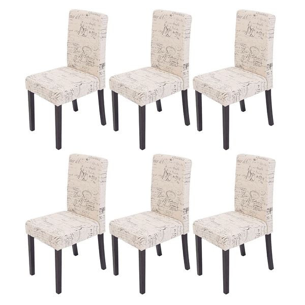 Mendler set van 6 eetkamerstoelen, keukenstoelen, Littau, textiel met letters, creme, donkere poten, 18714+28639