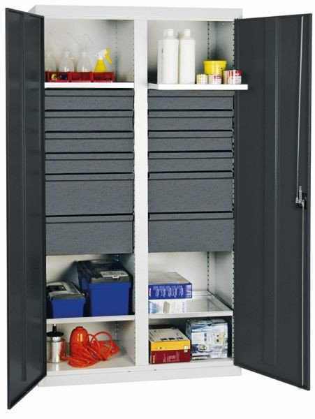 stumpff gereedschaps- en materiaalkast serie 3000, 7035/7016, 8 laden 100 mm, 4 laden 200 mm, tussenschot, 4 legborden, 3004571