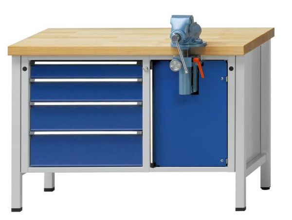 ANKE werkbank voor assemblage; onbeweeglijk; 1270x700mm; Plaat met gegalvaniseerd plaatstaal; Links 4 laden 90, 120, 150, 180 mm; Bankschroefcompartiment rechts