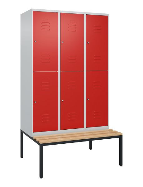 C+P dubbeldekkerkast Classic PLUS, 3 vakken, 2120x1200x815mm, 7035/3020, cilindersloten, beukenhouten zitlat, bank, 0803507-32 S10092