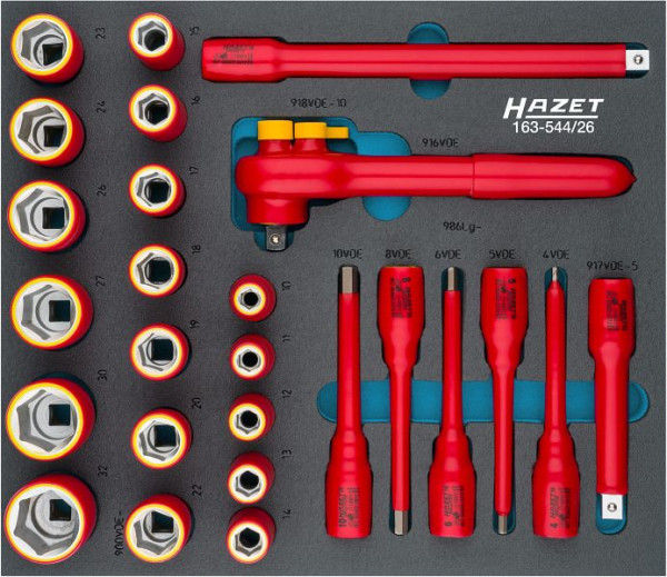 Hazet dopsleutelset, dubbel geïsoleerd, hol vierkant 12,5 mm, buitenzeskant trekprofiel, binnenzeskantprofiel, 10 - 32, 163-544/26