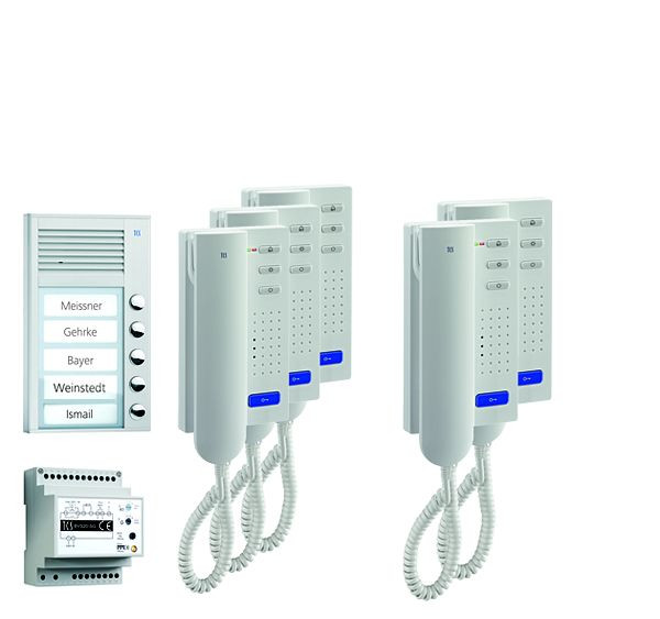 TCS deurbediening audio: pack AP voor 5 wooneenheden, met buitenpost PAK 5 belknoppen, 5x deurtelefoon ISH3030, bedieningseenheid BVS20, PPA05-EN / 02