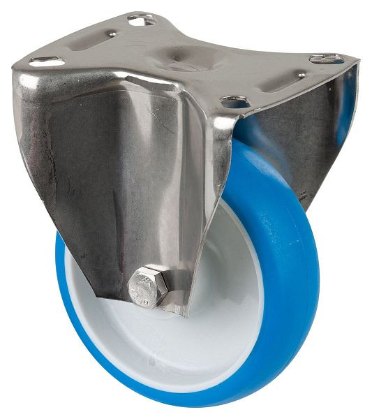 BS rollen RVS transportrol, vaste rol, breedte 32 mm, Ø100 mm, tot 110 kg, polyurethaan blauw, wiellichaam kunststof, glijlager, plaat, H110.B32.100