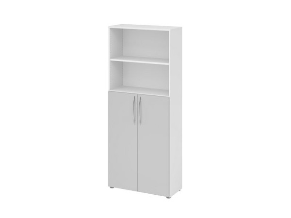 Hammerbacher plank 5OH, 3OH onderdeuren BM 4770, romp: wit / voorkant: grijs, 80 x 34,6 x 188 cm (BxDxH), gebogen handgreep BM, V4770/W/5/BM