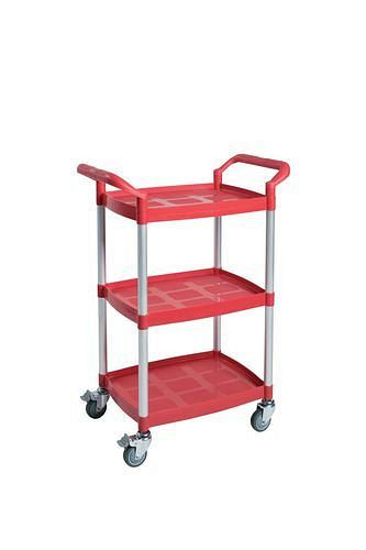 DENIOS universele trolley SERVICE, buizen van geborsteld aluminium, 3 niveaus rood, 180-042
