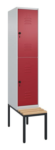 C+P Doppelstöckiger Spind Classic PLUS, Bank, 2120x400x815mm, 7035/3003, Drehriegel, Sitzleisten aus Buche, mit untergebauter Sitzbank, 0803507-12 S10001
