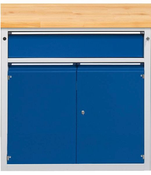 ANKE counter kast; 1060x700x1020 mm; RAL 7035/5010; Massief beuken blad 40 mm; boven met doorlopende lade 180 mm; 2 deuren 540 mm, 610.452