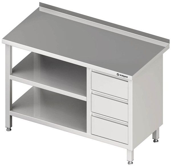 Stalgast Arbeitstisch mit Grund und Zwischenboden, 1400x600x850 mm, mit 3er Schubladenblock links, mit Aufkantung, verschweißt, VAT14610LA