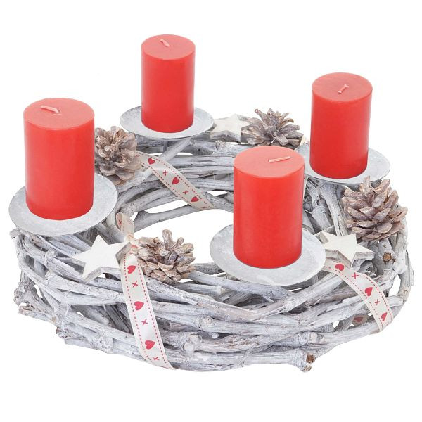 Mendler Adventskrans rond, kerstversiering tafelkrans, hout Ø 30cm witgrijs, met kaarsen, rood, 56640