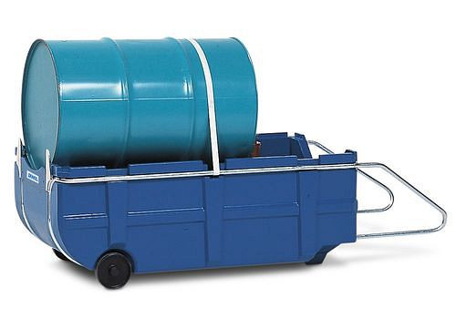 DENIOS tonwagen en lekbak FSK-Poly van polyethyleen, blauw, met handvat en spanband, voor vaten van 200 l, 113-260