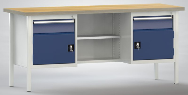 KLW standaard werkbank 2000 x 700 x 900 mm L x D x H (ERGO uitvoering), met beuken multiplex werkblad 2000 x 700 x 40 mm, WS213E-2000M40-E2001