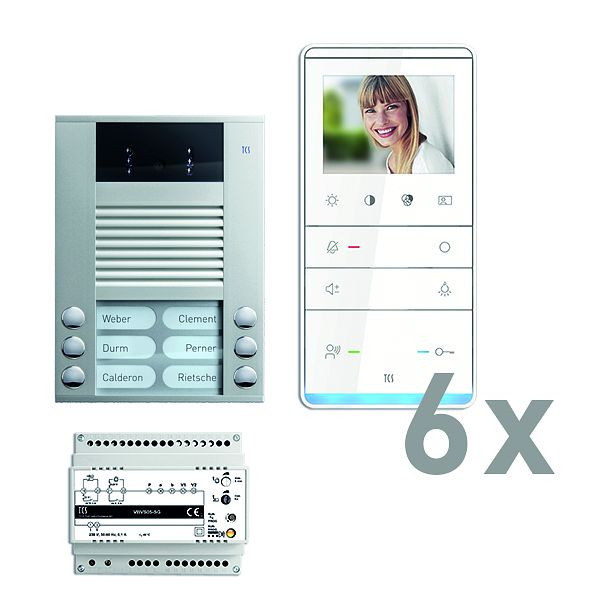 TCS deurbediening video: pack AP voor 6 wooneenheden, met voordeurstation AVE 6 belknoppen, 6x video handsfree luidspreker IVW5111, besturing, PVE16060-0010
