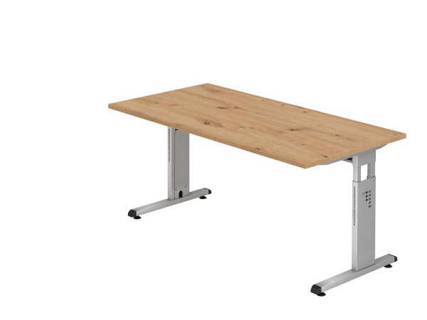 Hammerbacher bureau OS16, 160 x 80 cm, blad: knoestig eiken, 25 mm dik, 2 mm ABS rand, rechthoekige vorm, zilver, VOS16/R/S