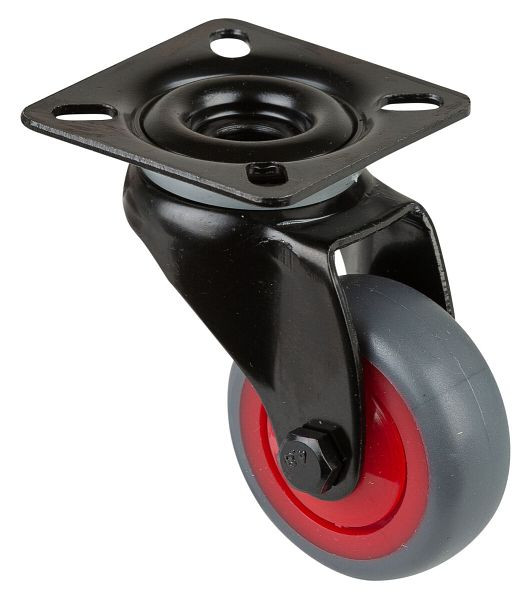 BS Wielen Zwart zwenkwiel, grijs thermoplastisch rubberen wiel, rode velg, kogellager, plaat, diameter: 50 mm, VE 8 stuks, A800.A85.050.03