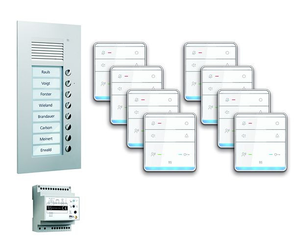 TCS deurbedieningssysteem audio: pack UP voor 8 wooneenheden, met buitenstation PUK 8 belknoppen, 8x handsfree luidspreker ISW5010, bedieningseenheid BVS20, PPUF08-EN / 01