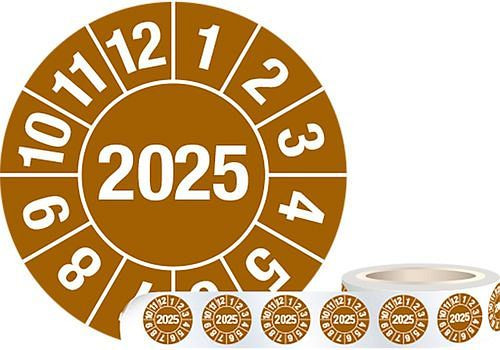 DENIOS teststicker "2025", bruin, folie, zelfklevend, 30 mm, verpakking: 1 rol à 1000 stuks, 290142
