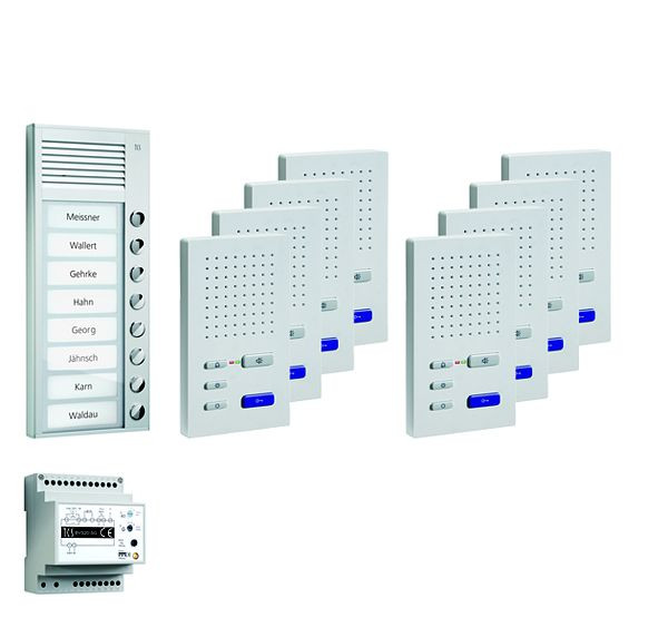 TCS deurbediening audio: pack AP voor 8 woonunits, met buitenstation PAK 8 belknoppen, 8x handsfree luidspreker ISW3030, bedieningsunit BVS20, PPAF08-EN/02