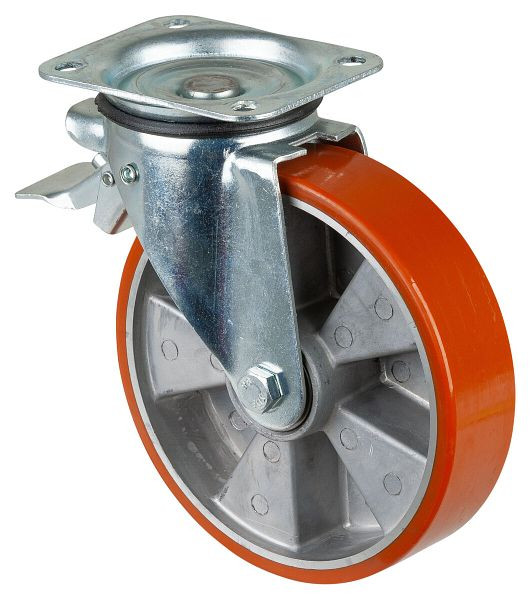 BS rollen transportrol met rem, breedte 50 mm, Ø200 mm, tot 400 kg, gegoten polyurethaan loopvlak, aluminium behuizing, kogellagers, L420.B90.202