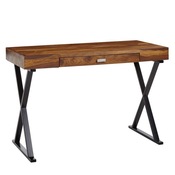 Wohnling bureau 120x55x78 cm sheesham massief hout / metaal zwart, design bureautafel met lade, WL6.540