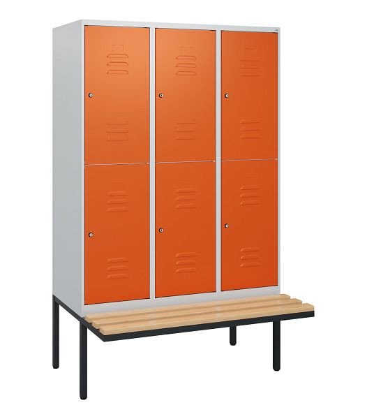 C+P dubbeldekkerkast Classic PLUS, 3 compartimenten, 1950x1200x815mm, 7035/2004, cilindersloten, beukenhouten zitlatten, zitting, 0803405-32 S10122