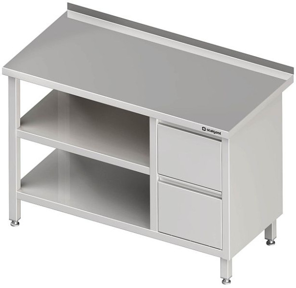 Werktafel Stalgast, hoogte 850 mm, met onderstel en tussenblad, met 2 ladeblok, met opstaande rand, gelast