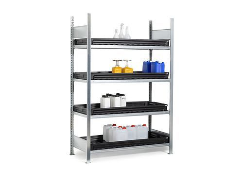 DENIOS Gefahrstoffregal GKW 1340 pro, 4 PE-Wannen, 1360 x 437 x 2000 mm, Grundfeld, 273908