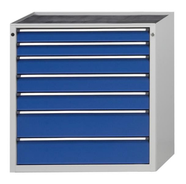 ANKE ladekast; 915 x 700 x 1020 mm; RAL 7035/5010; Massief beuken blad 40 mm; 7 laden 90, 90, 120, 120, 120, 180, 180 mm, 610.209