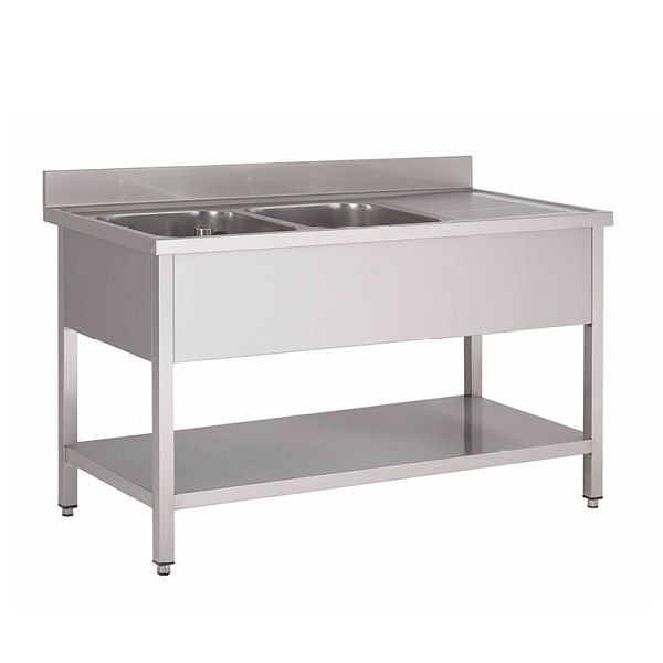 Gastro-Inox spoelbak met 2 wasbakken in het midden en onderblad, 1000(L)x700(D)x880(H)mm, 305.440