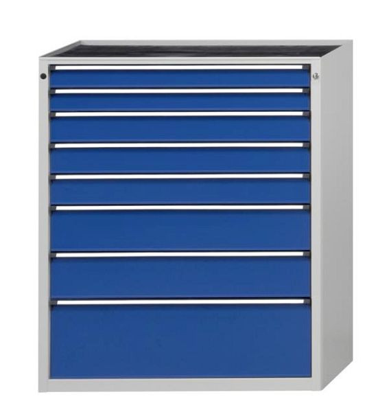 ANKE gereedschapskast; 1060 x 675 x 1280 mm; RAL 7035/5010; Kuip met antislipmat; 8 laden 90, 90, 120, 120, 120, 180, 180, 300 mm, 610.506