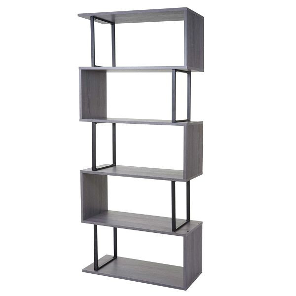 Mendler boekenplank HWC-A27, vrijstaande plank, woonkamerplank, 183x80cm 3D-structuur 5 niveaus, grijs, zwart metaal, 63024