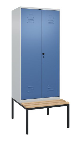 C+P luierkastje Classic PLUS, 2 vakken, 2120x800x815mm, 7035/5023, draaigrendel, met onderbank, beukenhouten zitlat, 0800527-22P S10005