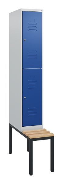 C+P dubbeldekkerkast Classic PLUS, 1950x300x815mm, 7035/5010, cilindersloten, beukenhouten zitlatten, met zitbank eronder, 0803505-10 S10033