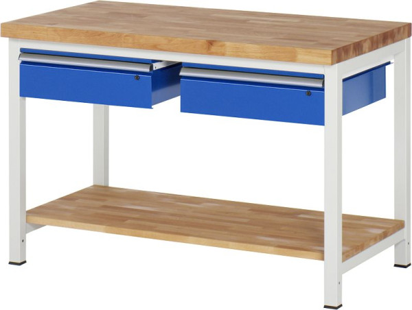 RAU werkbank serie 8000 - frameconstructie (gelast frame), 2x laden, massief beukenhouten plank, 1250x840x700 mm, 03-8002A7-127B4S.11