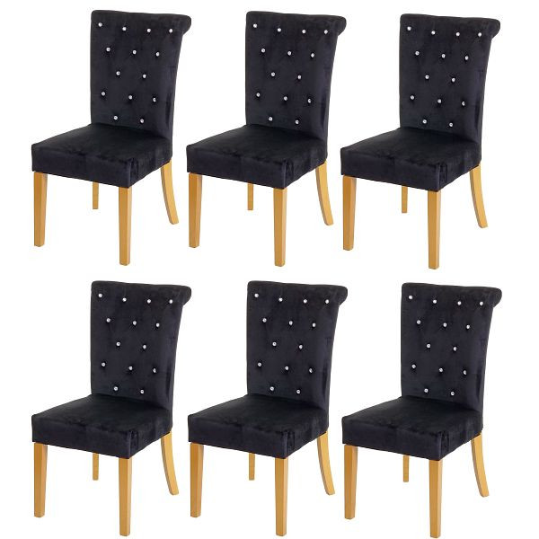 Mendler Set van 6 eetkamerstoelen HWC-D22, stoel keukenstoel, studded velvet, zwart, goudkleurige poten, 3x72781